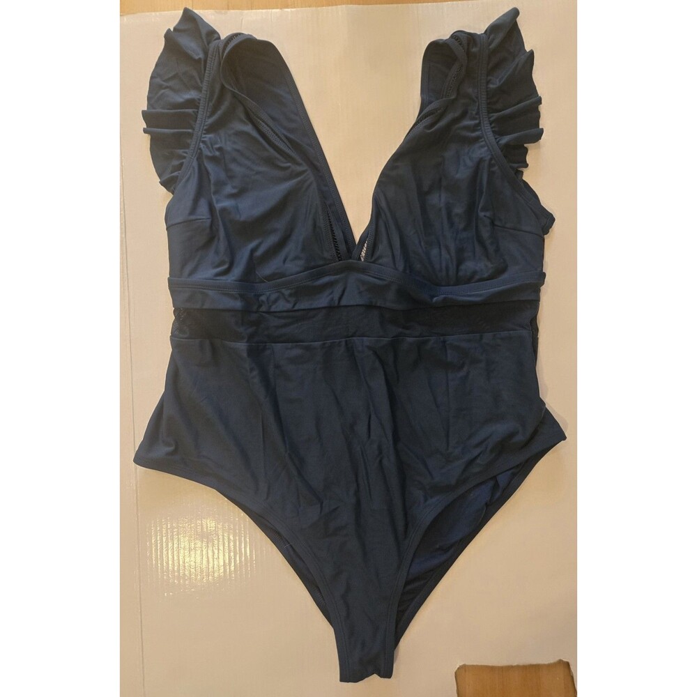 Cupshe Women's Plus Size 2XL Blue Solid One-Piece Swimsuit Ruffle Lined